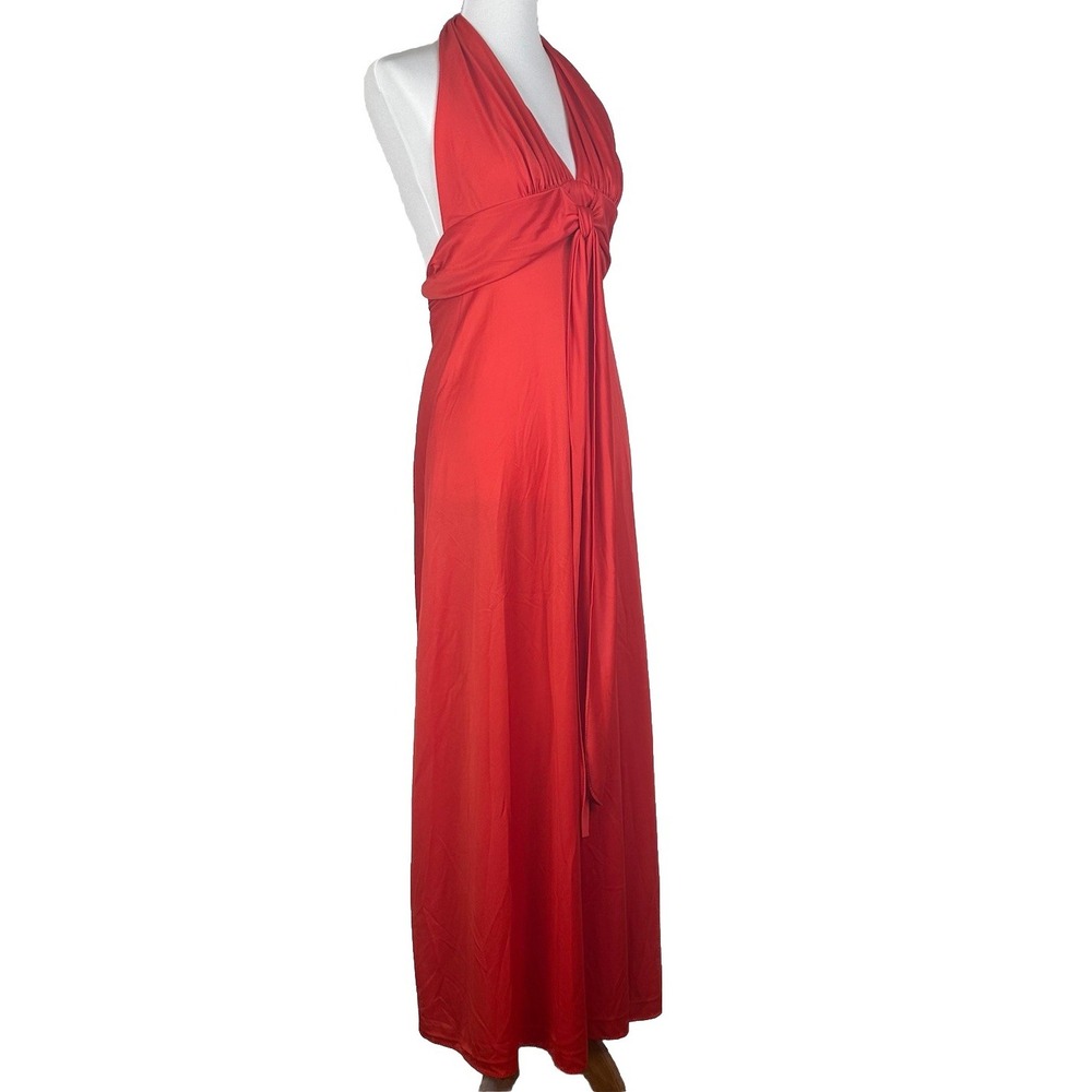 Vintage 70s Red Halter Maxi Dress ILGWU Union Made Knot Front Gown Womens XS/S